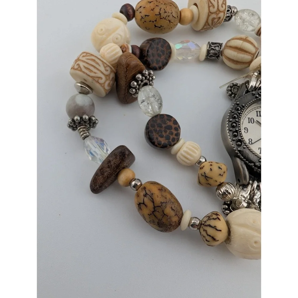 Legacy Watch Women‎ 25mm Silver Case Boho Brown Beaded Band- New Battery